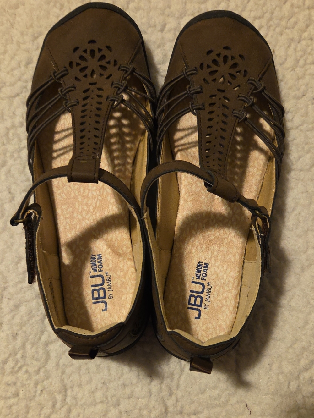 JBU Brown Women's Cutout T-Strap Comfort Flats